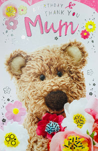 Mum birthday card Barley bear holding flowers