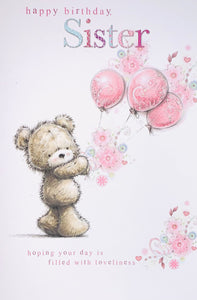 Sister birthday card cute bear with balloons