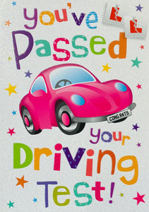 Driving test congratulations card pink beetle glitter