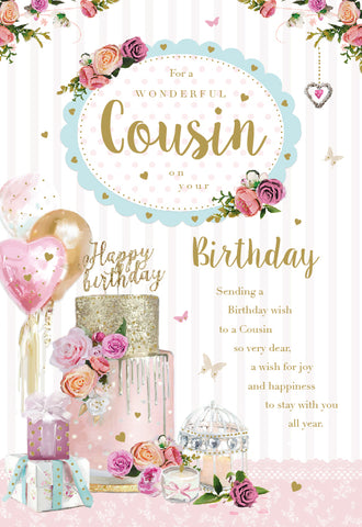 Cousin birthday card glittery birthday cake and balloons