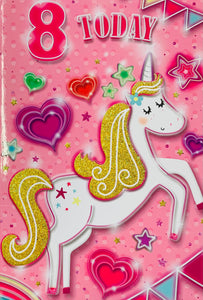 Age 8 birthday card - cute unicorn