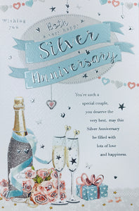 Silver anniversary card champagne and flowers