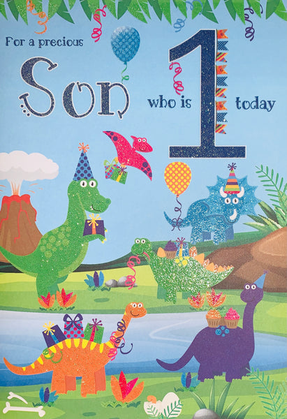 Son 1st birthday card - cute dinosaur