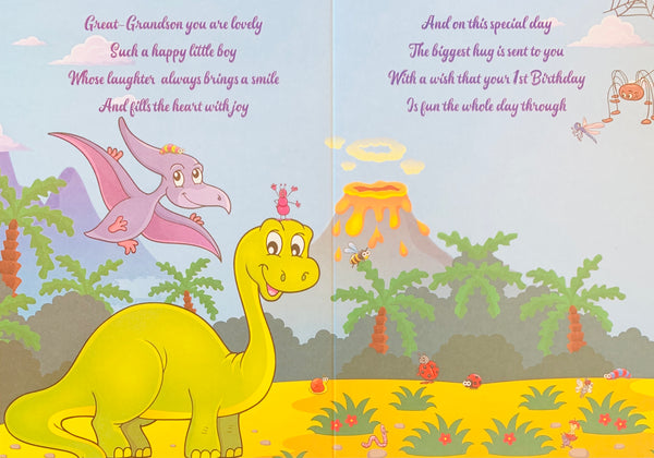 Great-Grandson 1st birthday card - cute dinosaurs