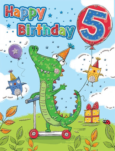 Age 5 birthday card- cute crocodile