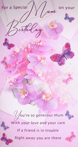 Mum birthday card butterflies and flowers with beautiful verse