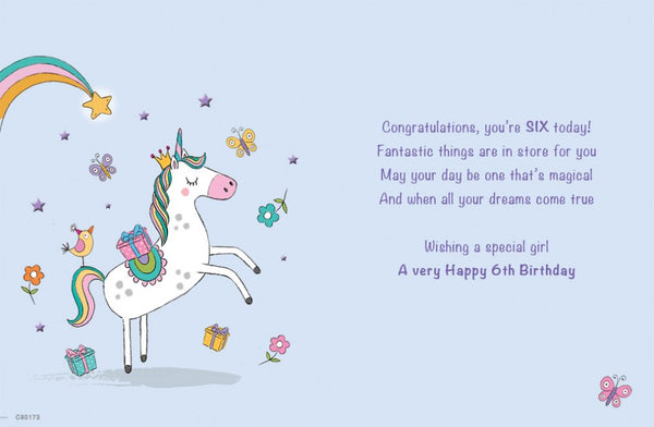 Age 6 birthday card- rainbow unicorn