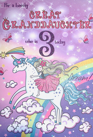 Great-Granddaughter 3rd birthday card - unicorn