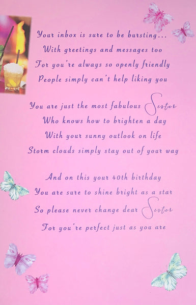 Sister 40th birthday card - sentimental verse