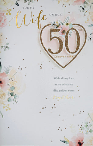 Wife golden wedding anniversary card- hearts and flowers