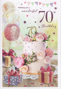 70th birthday card- pink floral cake