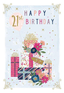 21st birthday card - balloons and gifts