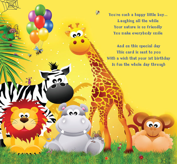 Age 1 birthday card- cute safari animals