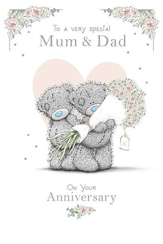 Me to you Mum and Dad anniversary card bears holding flowers