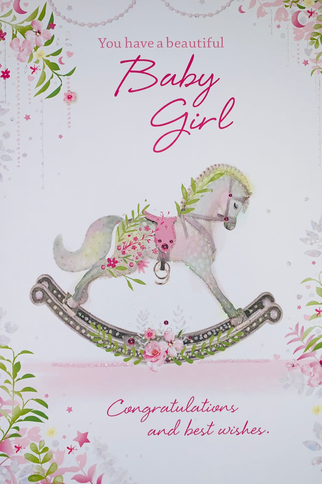 Baby girl birth congratulations card- rocking horse and flowers