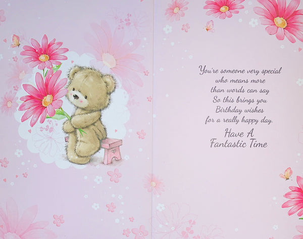 Sister-in-law birthday card - cute bear with flower