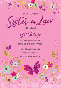Sister-in-law birthday card modern flowers and butterflies