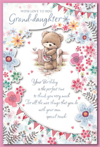Granddaughter birthday card - cute bear and flowers