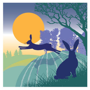 Blank card- countryside sunset with hares