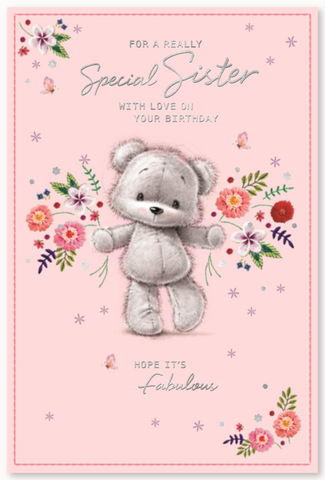 Sister birthday card- cute bear and flowers