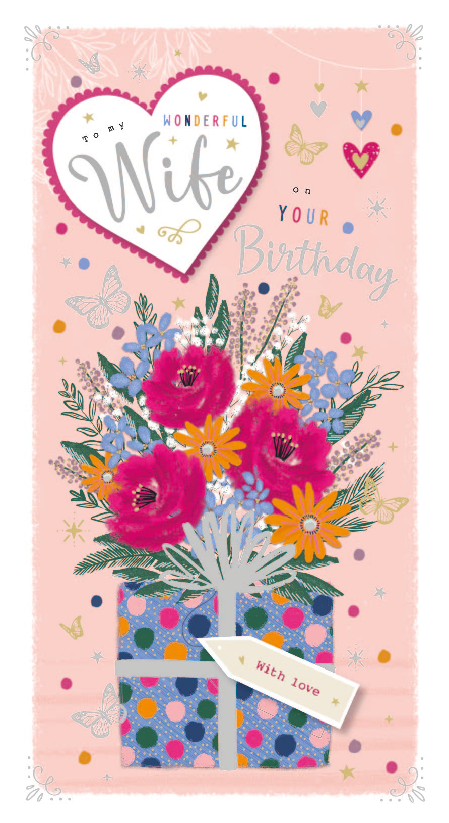 Wife birthday card - flowers and hearts