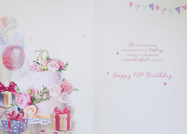 70th birthday card- pink floral cake