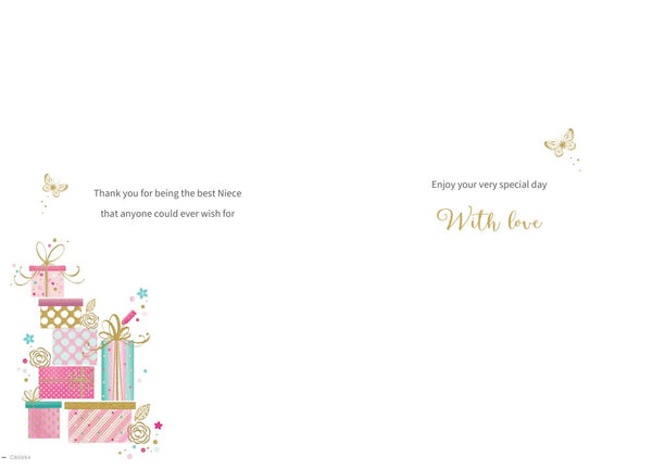 Niece birthday card - balloons and gifts