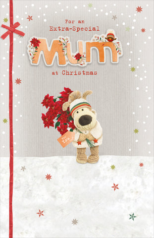 Luxury Mum Christmas card - Boofle holding flowers