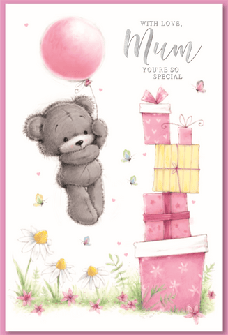 Mum birthday card - cute bear with balloon