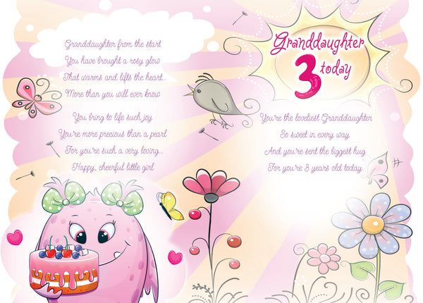 Granddaughter 3rd birthday card fairy and cake