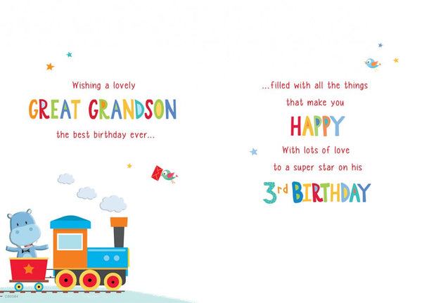 Great Grandson 3rd birthday card cute animal train