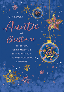 Auntie Christmas card - modern star and snowflakes