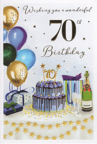 70th birthday card - blue birthday cake and champagne