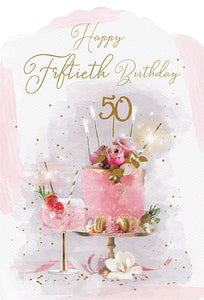 50th birthday card - cake, gin and flowers