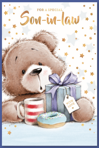 Son in law birthday card - Cute bear with gift