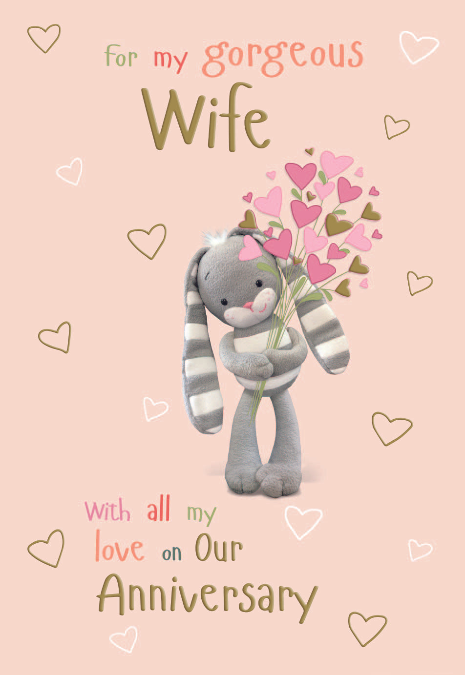 Wife wedding anniversary card- cute rabbit with heart flowers