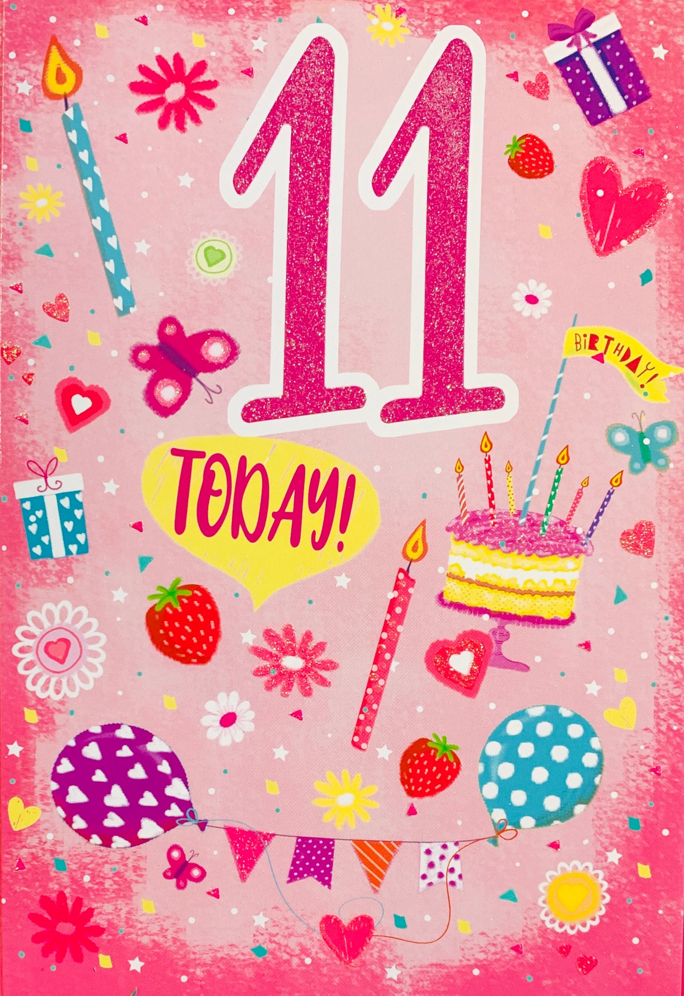 Age 11 birthday card- pink birthday cake and candles