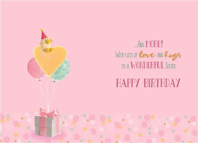 Sister birthday card - cute bear and birthday balloons