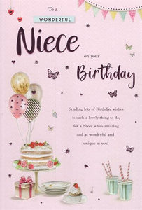 Niece birthday card - birthday cake and balloons