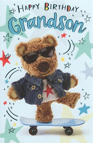 Grandson birthday card - cute skateboarding bear
