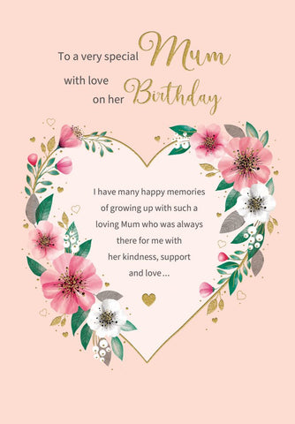 Mum birthday card- sparkling heart flowers