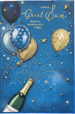 Son birthday card - balloons and champagne