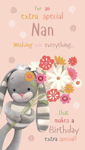 Nan birthday card - cute rabbit holding flowers
