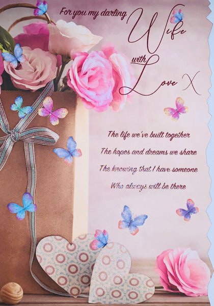 Wife birthday card sentimental verse hearts and flowers