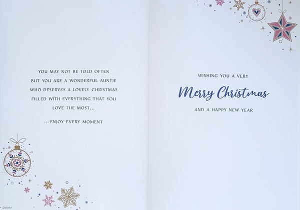 Auntie Christmas card - modern star and snowflakes