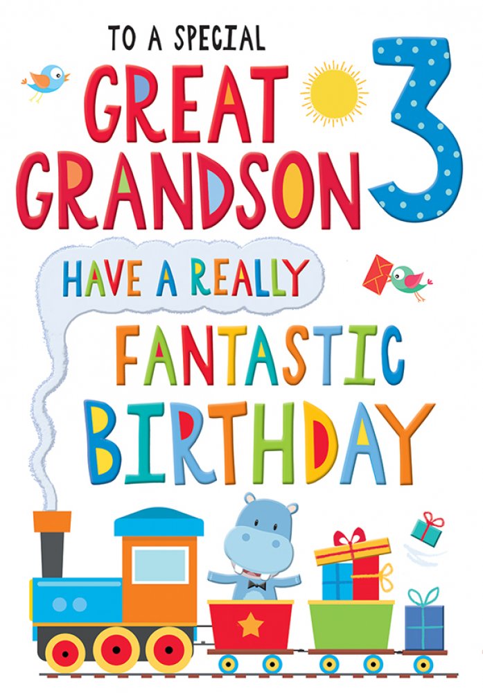 Great Grandson 3rd birthday card cute animal train