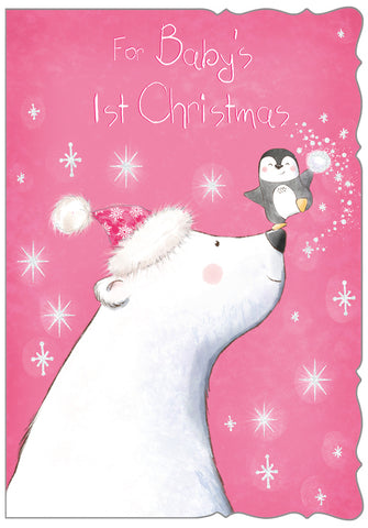 Baby’s first Christmas card - cute polar bear pink