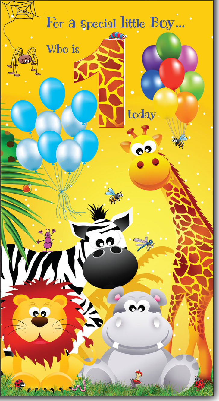Age 1 birthday card- cute safari animals