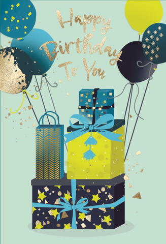 General birthday card for him- gifts and balloons