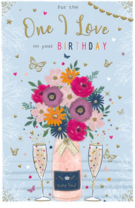 One I love birthday card- flowers and fizz